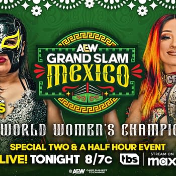 A promotional graphic for AEW Grand Slam Mexico featuring two female wrestlers, Zeuxis, the CMLL World Women's Champion, on the left, and Mercedes Moné, the TBS Champion, on the right. The background is vibrant with Mexican-inspired design elements.