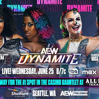 A promotional graphic for AEW Dynamite features four female wrestlers: Willow Nightingale, Athena (ROH Women's World Champion), Thunder Rosa, and Kris Statlander. The background includes colorful graphic elements with event details prominently displayed.