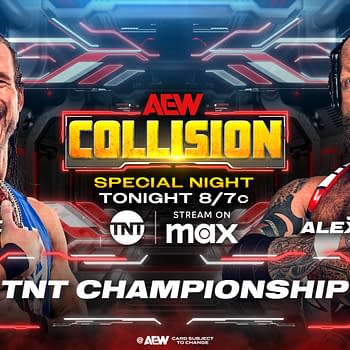 A promotional illustration for AEW Collision featuring TNT Champion Adam Cole smiling and holding his championship belt on the left, alongside Josh Alexander with a serious expression on the right. The background includes futuristic elements and the event title prominently displayed.