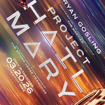 A teaser poster for 'Project Hail Mary' featuring an astronaut in a red suit tethered to a spacecraft, set against a vibrant backdrop of blurred lines in various colors. The poster includes text with the film's title, release date, and mentions of Ryan Gosling and the creators of the Spider-Verse franchise.