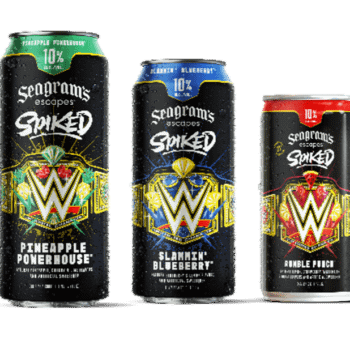 Three Seagram's Escapes Spiked beverage cans showcase distinct flavors: Pineapple Ponerhouse, Slammin' Blueberry, and Rumble Punch, each featuring colorful designs and the WWE logo. The cans are sweating with condensation, suggesting freshness.