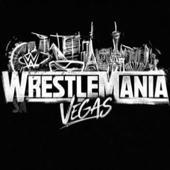 A graphic logo for WWE WrestleMania featuring the word 'WrestleMania' prominently in white text with 'Vegas' in a stylish script underneath. The background includes a silhouette of Las Vegas landmarks, enhancing its connection to the city's iconic scenery.