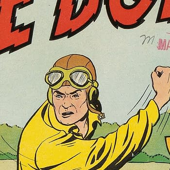 Blue Bolt V4#10 (Novelty Press, 1944):A vintage comic book cover featuring a character named Blue Bolt in yellow flight gear, throwing a punch. The background includes a green landscape, with another figure in the distance.