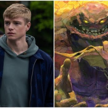 A digital illustration featuring Clayface, a DC Comics villain, emerging menacingly from a colorful background while Batman poses in the foreground, creating a dramatic contrast between the characters.