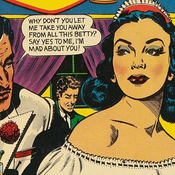 An illustrated comic panel features a handsome man in formal attire talking to a woman with dark hair, while expressing romantic feelings. The background shows a colorful setting with other characters visible in the distance.