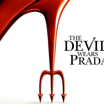 A stylish red stiletto shoe has a devil's fork design for the heel, accompanied by the text "THE DEVIL WEARS PRADA" in a bold font. This image relates to the fashion-focused film, hinting at its iconic aesthetic.
