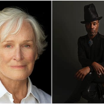 A split image features Glenn Close, a white woman with short, wavy gray hair and striking green eyes, wearing a white blouse, and Billy Porter, a Black man dressed in black with a large hat and a statement necklace, posing on a stool against a dark background.