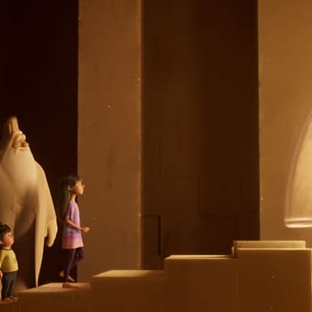 An animated scene from 'In Your Dreams,' featuring two children standing in front of a large, mystical figure and an hourglass. The environment has warm, earthy tones, suggesting a dreamlike atmosphere.