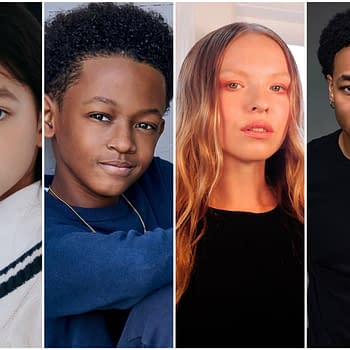A portrait featuring four young actors, each with distinct styles and expressions, likely tied to their roles in 'The Hunger Games: Sunrise on the Reaping.'