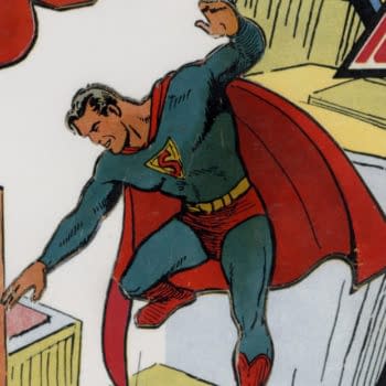Superman #1: A colorful illustration of Superman, depicted in a classic comic style, with his signature red cape and blue suit. He is shown leaning towards buildings, suggesting an action pose.