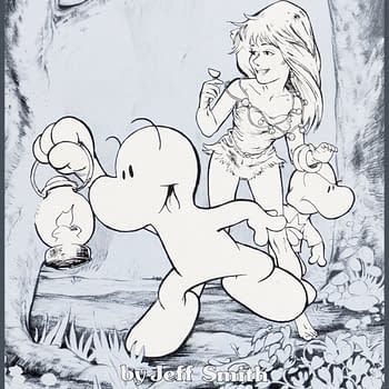An illustration features a cartoon character with a round head and long limbs holding a lantern, accompanied by a smiling woman dressed in a primitive outfit. They are walking through a lush forest scene, surrounded by foliage.
