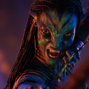 A digital illustration of Neytiri, portrayed by Zoe Saldaña, in the film 'Avatar: Fire and Ash.' She is depicted with striking blue skin, vibrant face paint, and fierce expression, wielding a bow and arrow.