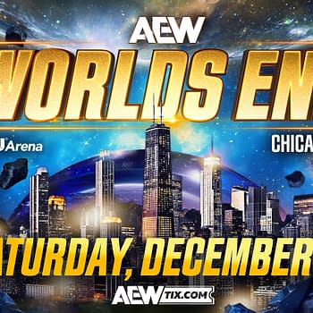 A promotional graphic for an event titled 'World's End', featuring a cosmic background with planets and asteroids. The skyline of Chicago is prominently displayed, highlighted with the event's details including the date and venue.