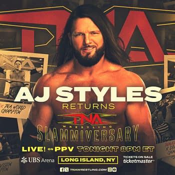 A promotional graphic for TNA Slammiversary featuring AJ Styles, a professional wrestler. The design includes images of Styles celebrating titles, the TNA logo, and details about the event, including date and location.