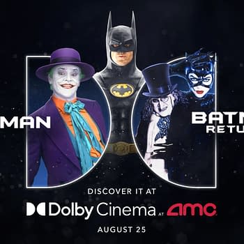 A promotional poster for the films Batman and Batman Returns, featuring iconic characters like Batman, the Joker, and Catwoman. The text announces a special one-night engagement in Dolby Cinema at AMC on August 25.