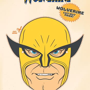 A cartoon illustration featuring a cut-out Wolverine mask from Marvel comics. The mask is predominantly yellow with prominent black ears and facial features, and includes instructions for cutting and assembling the mask.
