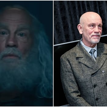 The image features John Malkovich, showcasing two contrasting appearances: one side presents him with long white hair and a beard, evoking an older, wise character, while the other side depicts him in a stylish gray coat, looking sharply dressed and engaged in a casual setting.
