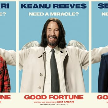 A promotional poster for the film 'Good Fortune' featuring three characters: Aziz Ansari on the left with a plaid shirt, Keanu Reeves in the center with angelic imagery, and Seth Rogen on the right wearing glasses, all looking towards the viewer. Each character poses with the text 'Need a Miracle?' above them.