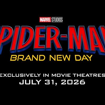 A promotional graphic featuring the title "SPIDER-MAN: BRAND NEW DAY" in bold red and yellow letters, with the "MARVEL STUDIOS" logo above it. The text notes that the film will be exclusively in movie theatres on July 31, 2026.