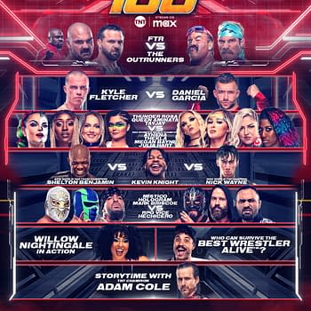A promotional graphic for AEW Collision 100, featuring match-ups including FTR against The Outrunners, Kyle Fletcher versus Daniel Garcia, and a segment with Adam Cole, presented with a vibrant design.