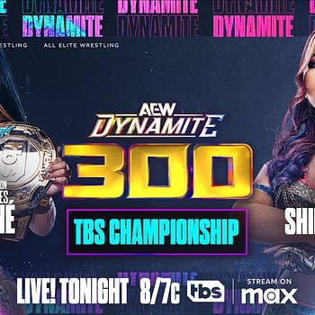 A graphic for AEW Dynamite 300 featuring two female wrestlers, Mercedes Moné with the TBS Championship belt and Mina Shirakawa, set against a colorful background with promotional details for the event.