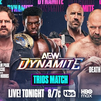 A promotional graphic for a pro wrestling event featuring six male wrestlers. The image highlights the AEW Dynamite show, with two teams: Hangman Adam Page, Mark Briscoe, and Powerhouse Hobbs on one side, and the Death Riders on the other. The background is colorful, emphasizing the competition theme.