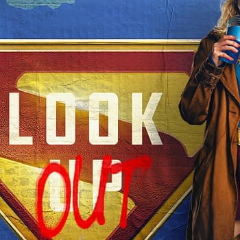 A vibrant Supergirl teaser poster featuring a character in a blue and red superhero outfit holding a blue drink, with the phrase 'LOOK OUT' prominently displayed across the image in stylized text.