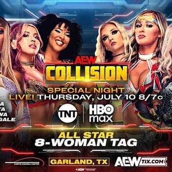 A promotional graphic for AEW Collision featuring eight female wrestlers, including Thunder Rosa, Queen Aminata, and others, gathered together with vibrant backgrounds and event details prominently displayed.