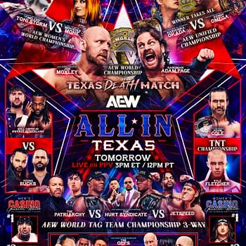 A colorful promotional graphic for AEW All In: Texas featuring various wrestling matches. Key highlights include a Texas Death Match and championship bouts, with images of several wrestlers and the event's logo prominently displayed.