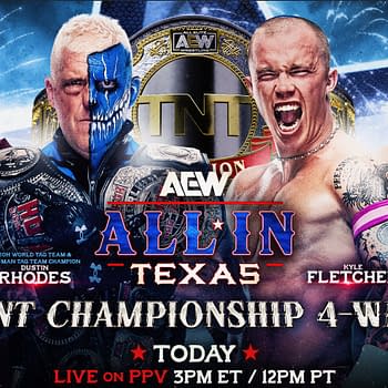 A promotional graphic for the AEW All-In event featuring four wrestlers: Daniel Garcia, Dustin Rhodes, Kyle Fletcher, and Sammy Guevara. The background includes colorful fireworks and the TNT Championship logo prominently displayed, emphasizing the 4-way match format.