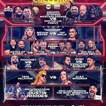 A promotional graphic for AEW Collision showcasing various wrestlers and matchups, including Bandido, Jetspeed, and Megan Bayne. The event is set to air on TNT, featuring a card of high-profile matches.