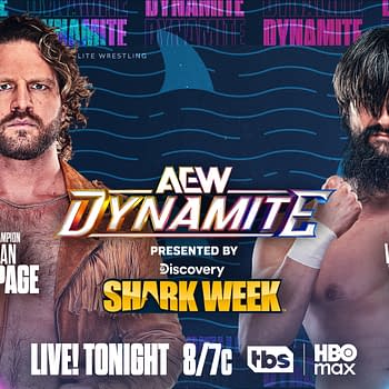 A promotional graphic for AEW Dynamite featuring two wrestlers: Hangman Adam Page with the AEW Championship belt and Wheeler Yuta. The background includes colorful design elements and mentions 'Shark Week.'
