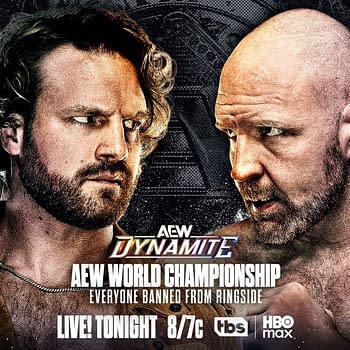 A promotional graphic for AEW Dynamite, featuring two wrestlers: Hangman Page with curly hair and a beard, and Jon Moxley, who has a shaved head and beard. The background is dynamic, emphasizing the rivalry with text highlighting the AEW World Championship match and that everyone is banned from ringside.