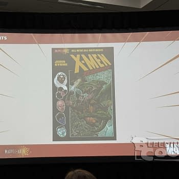A colorful X-Men comic book cover illustrated by John Byrne, promoting X-Men: Elsewhen Vol. 1, in a slide from the Marvel Arts panel at San Diego Comic-Con.