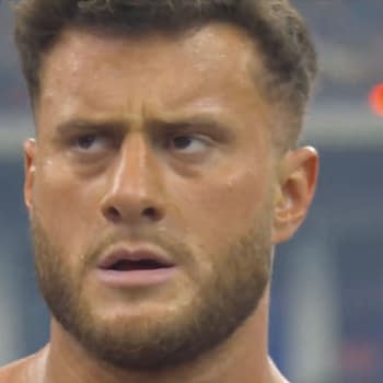 A close-up of MJF showing an intense expression during the Casino Gauntlet match at AEW All In: Texas. Sweat can be seen on his face, highlighting the intensity of the moment.