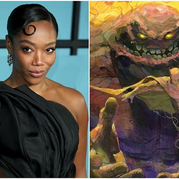 A split image featuring Naomi Ackie on the left, dressed elegantly in a dark outfit, and an illustration of the comic book character Clayface on the right, depicting a large, monstrous figure with glowing eyes and a grim expression, while Batman is seen in action in the foreground.