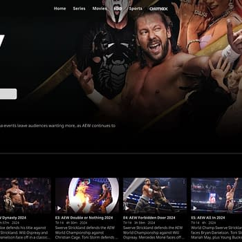 Screenshot displaying All Elite Wrestling (AEW) pay-per-view offerings available on the HBO Max streaming service. The interface showcases various AEW events and a prominent AEW logo at the top.