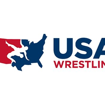 Logo of USA Wrestling, featuring a silhouette of a wrestler above the outline of the United States in red and blue colors.