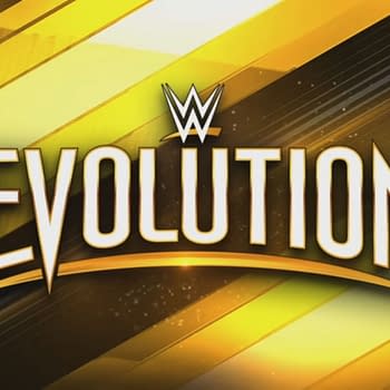 The WWE Evolution logo features bold, white text spelling "EVOLUTION" with a stylized WWE logo above it, set against a dynamic background of gold and black diagonal stripes.