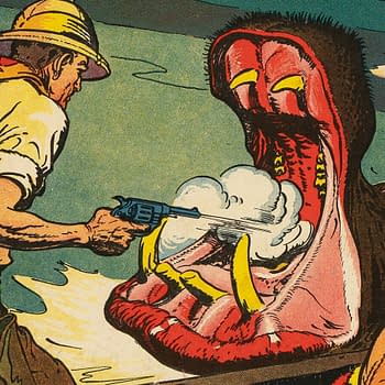 An illustration from 'Adventure Comics #37' featuring a man in safari attire aiming a pistol at the open mouth of a large, aggressive animal, possibly a hippopotamus, while another figure looks on in the foreground. The scene depicts a moment of tension and adventure.