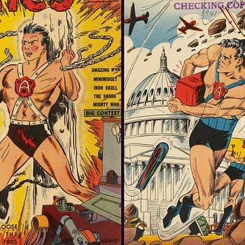 An illustration from Amazing Man Comics featuring two action-packed scenes. On the left, a muscular superhero with a red 'A' emblem is breaking chains while being challenged by a machine, and on the right, another superhero is running while holding a red box amidst explosions at a building.