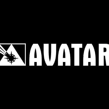 A logo representing Avatar Press, featuring a stylized triangle and a dark circular emblem with rays extending from it, alongside the word 'AVATAR' in bold white letters.