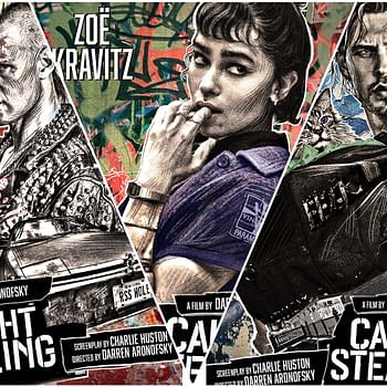 Three stylized character posters for the film 'Caught Stealing' featuring a punk character with a mohawk, a woman in a blue uniform chewing her fingernails, and a man with a fierce expression holding a bag, set against vibrant graffiti backgrounds.