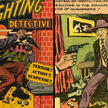 A vintage comic cover titled 'Crime-Fighting Detective', featuring a detective aiming a gun, with action scenes depicting crime and police on the background. The artwork showcases bold colors and dramatic poses characteristic of classic crime comics.