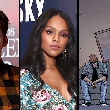A collage featuring two actors and a comic illustration. On the left is a young man with short hair in a plaid shirt, and in the center is a young woman with long hair wearing a sparkling dress. The right side displays an illustration of two people sitting on a couch, looking contemplative.