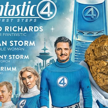 A promotional illustration featuring the Fantastic Four superheroes: Reed Richards (Mister Fantastic), Susan Storm (Invisible Woman), Johnny Storm (Human Torch), and Ben Grimm (The Thing), each in matching blue uniforms with the number four displayed. The background includes a futuristic cityscape.