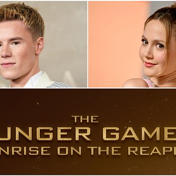 A promotional image featuring two young actors, with one on the left and the other on the right, both smiling. Below them is the title, "THE HUNGER GAMES: SUNRISE ON THE REAPING," in bold gold letters against a dark background.