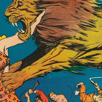 An illustration from Jumbo Comics 15 featuring Sheena, Queen of the Jungle, as she fiercely confronts a lion while wielding a dagger. The scene depicts a vibrant clash in the jungle with multiple figures in the background.