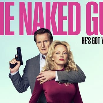 Promotional poster for 'The Naked Gun,' featuring a man in a suit holding a gun and a woman in a red dress, with bold pink text that reads 'THE NAKED GUN' and the tagline 'HE'S GOT YOUR BACK.'