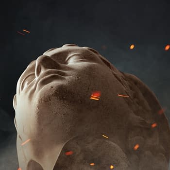 A dramatic illustration of a marble sculpture's head, looking upward against a smoky background with floating embers, evoking themes from 'The Odyssey.'